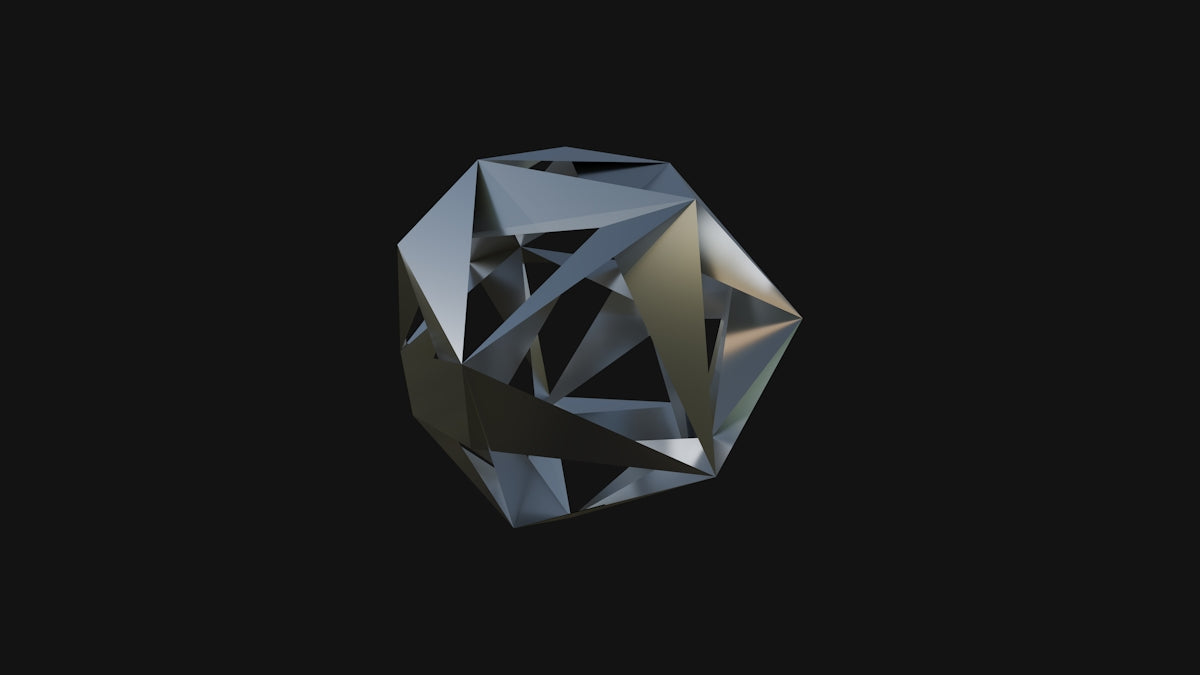 A shiny, geometric, abstract sculpture on black.