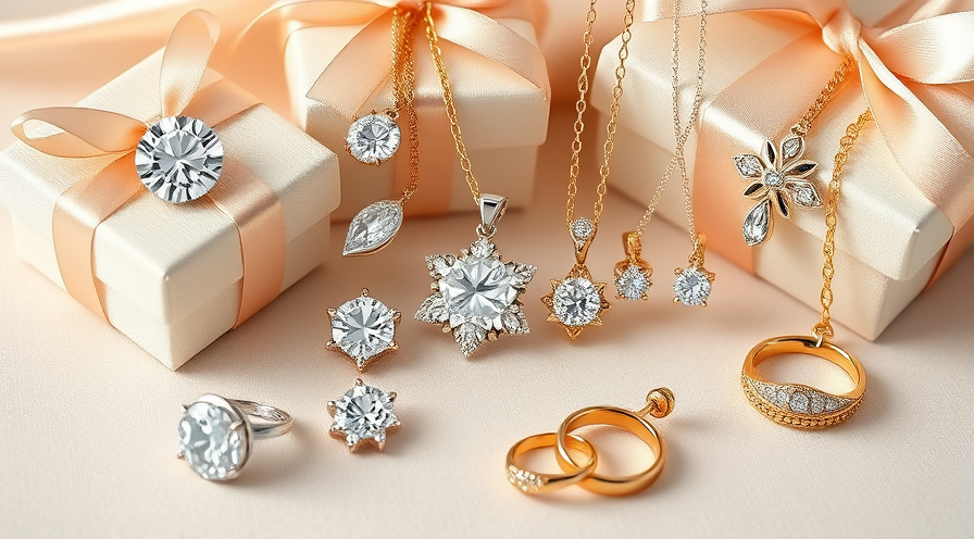 Luxury jewelry pieces for push presents, featuring rings, necklaces, and earrings, arranged with gift boxes.