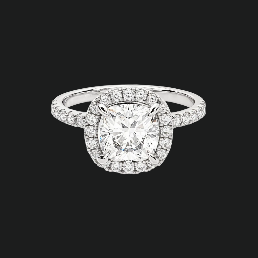 Cushion Cut Halo Engagement Ring with Diamond Pavé Band