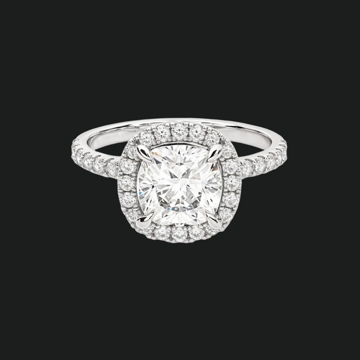 Cushion Cut Halo Engagement Ring with Diamond Pavé Band