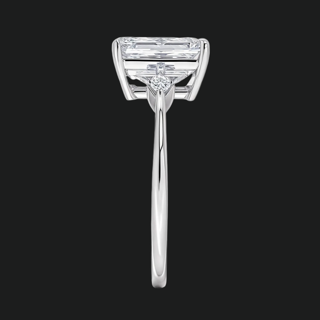 Emerald Cut Three Stone Engagement Ring with Trillion Diamond Accents
