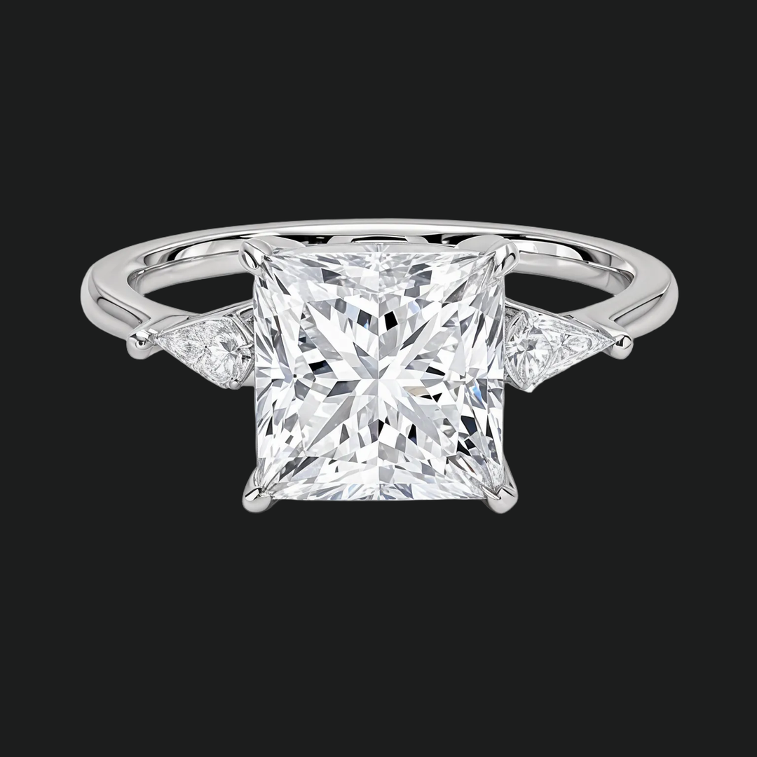 Princess Cut Three Stone Engagement Ring with Trillion Diamond Accents