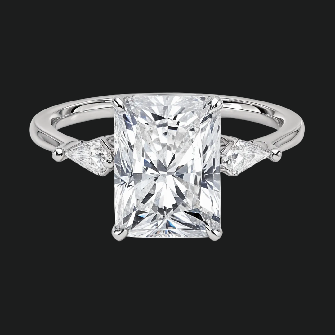 Radiant Cut Three Stone Engagement Ring with Kite Diamond Accents