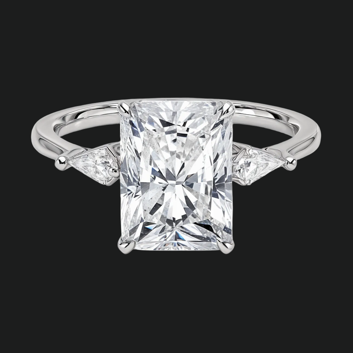Radiant Cut Three Stone Engagement Ring with Kite Diamond Accents