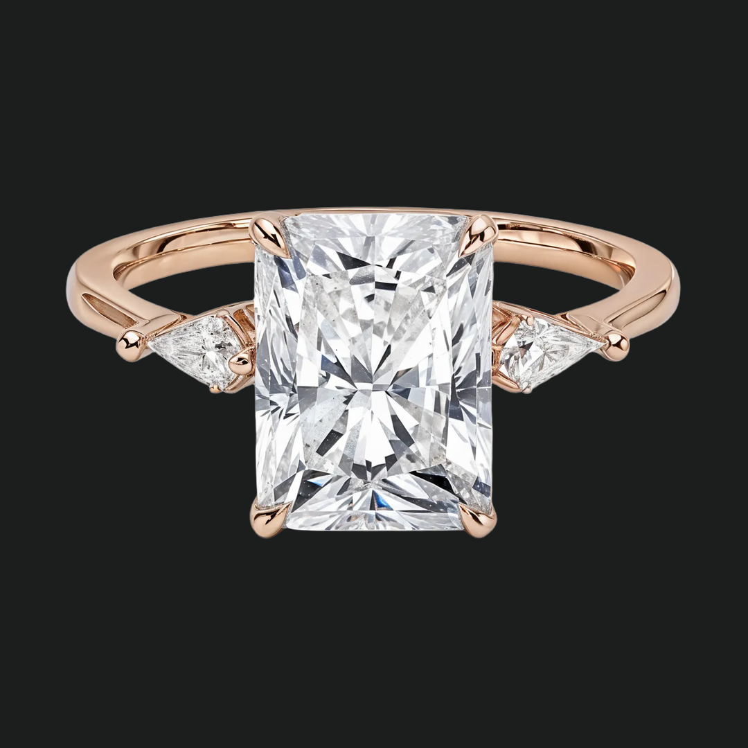 Radiant Cut Three Stone Engagement Ring with Kite Diamond Accents