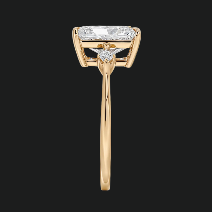 Radiant Cut Three Stone Engagement Ring with Kite Diamond Accents