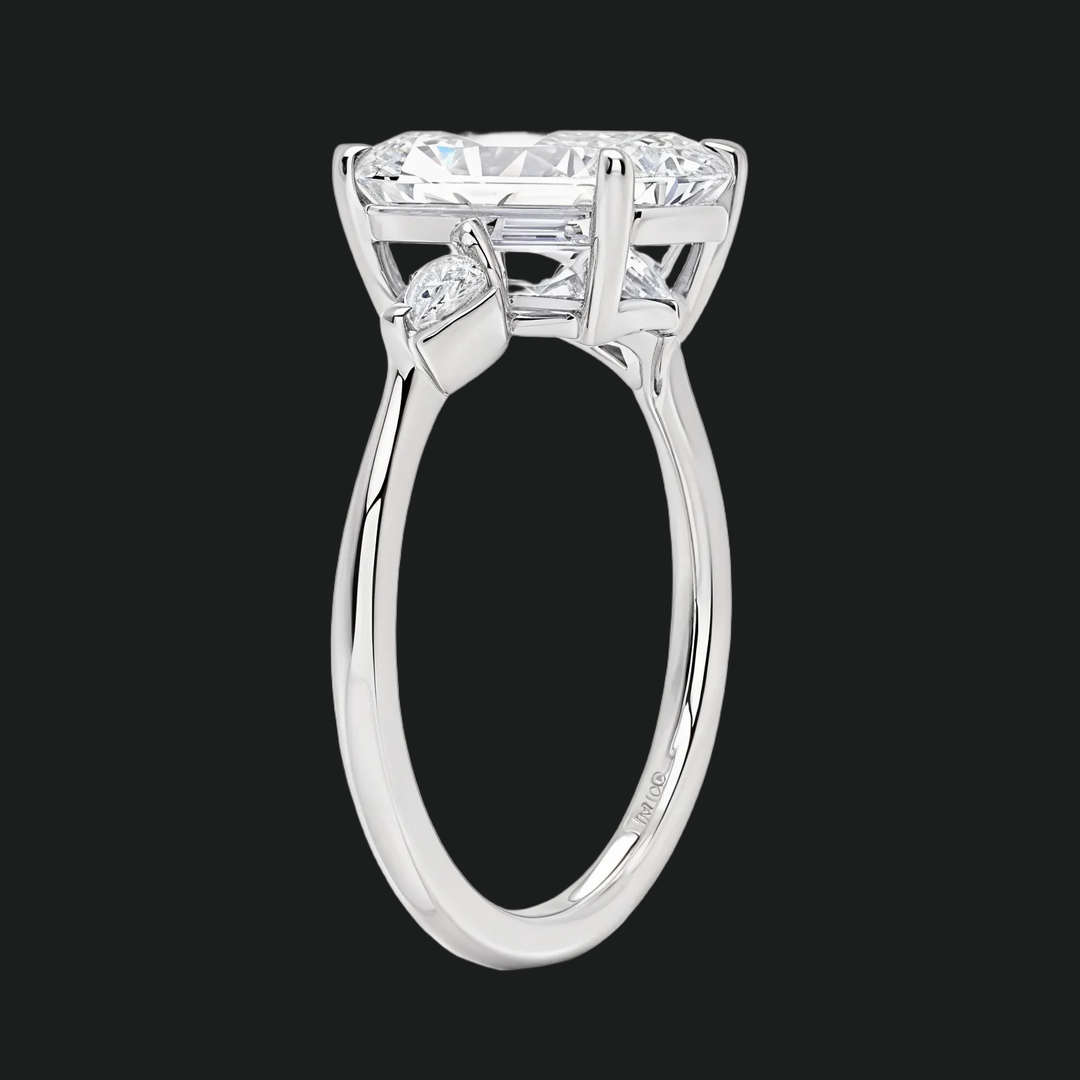 Radiant Cut Three Stone Engagement Ring with Kite Diamond Accents