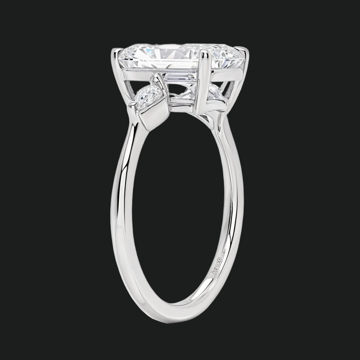 Radiant Cut Three Stone Engagement Ring with Kite Diamond Accents