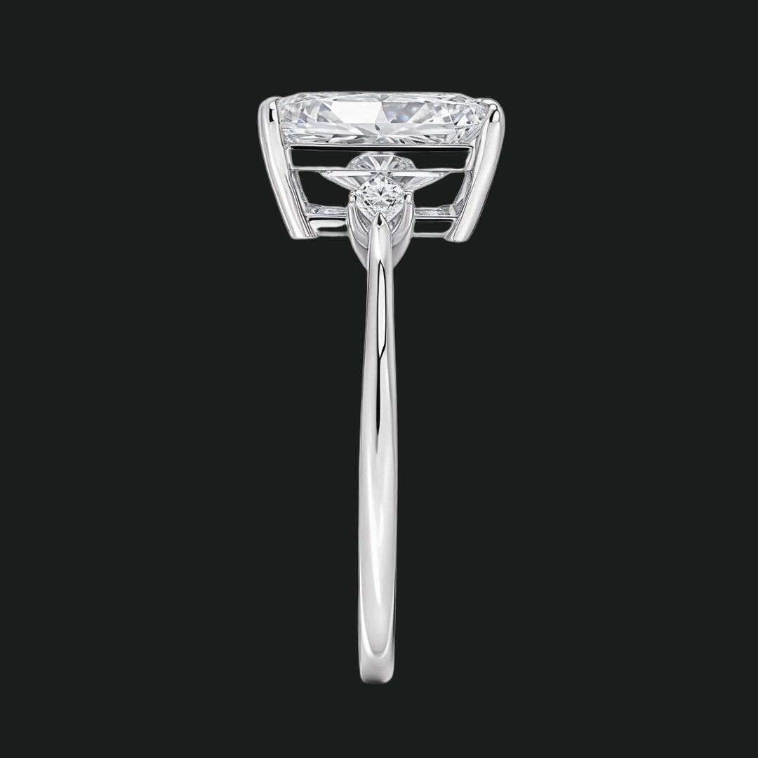 Radiant Cut Three Stone Engagement Ring with Kite Diamond Accents
