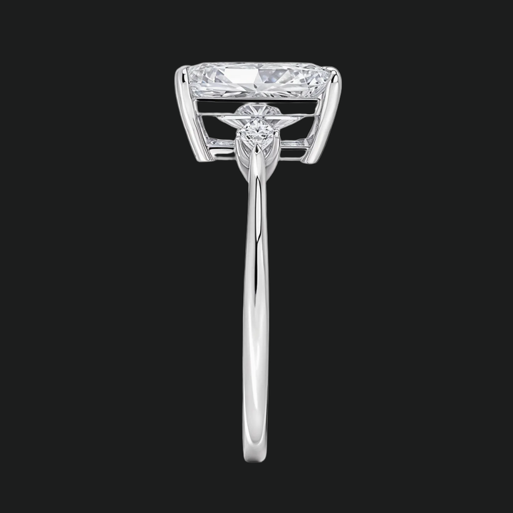 Radiant Cut Three Stone Engagement Ring with Kite Diamond Accents