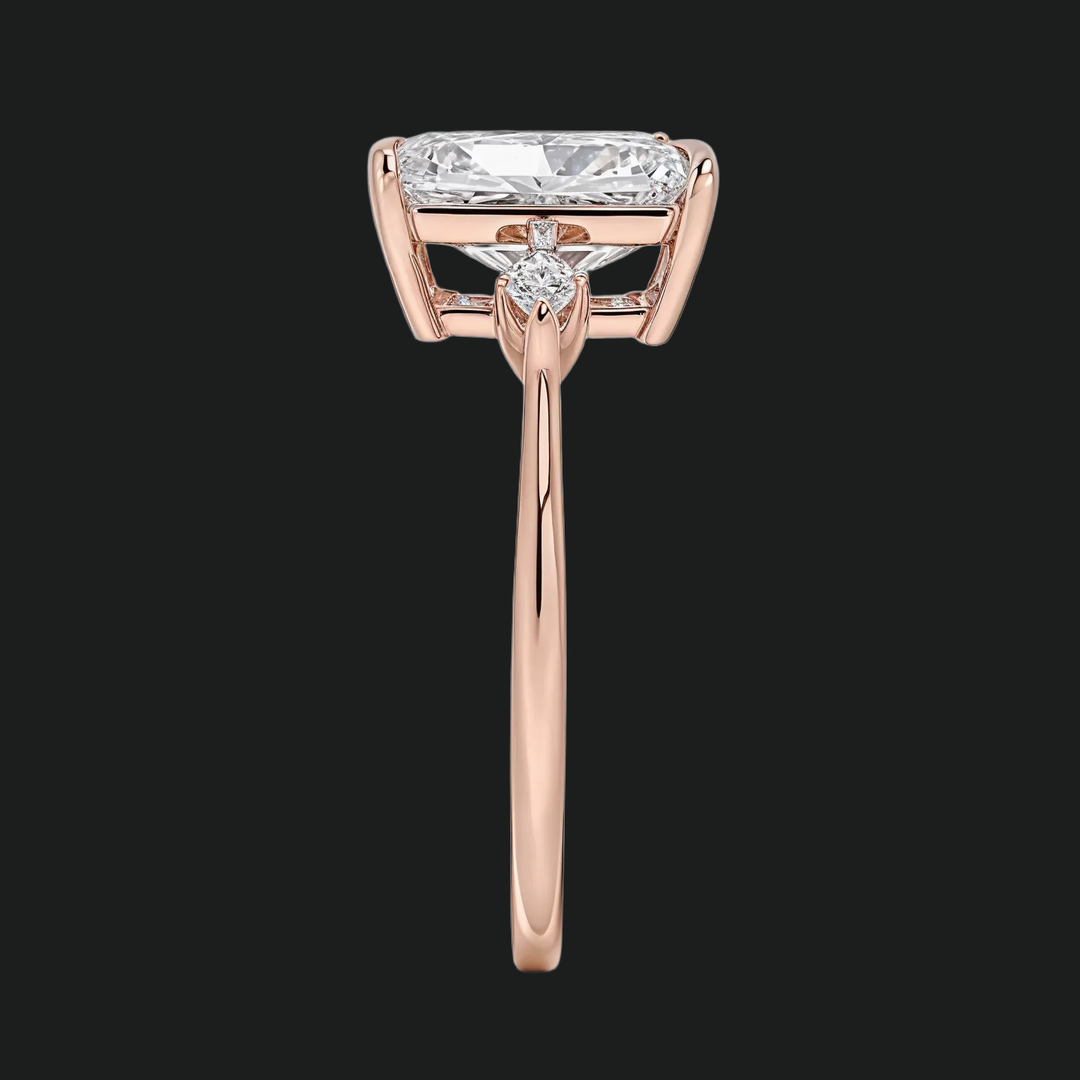 Radiant Cut Three Stone Engagement Ring with Kite Diamond Accents