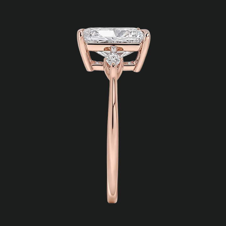 Radiant Cut Three Stone Engagement Ring with Kite Diamond Accents