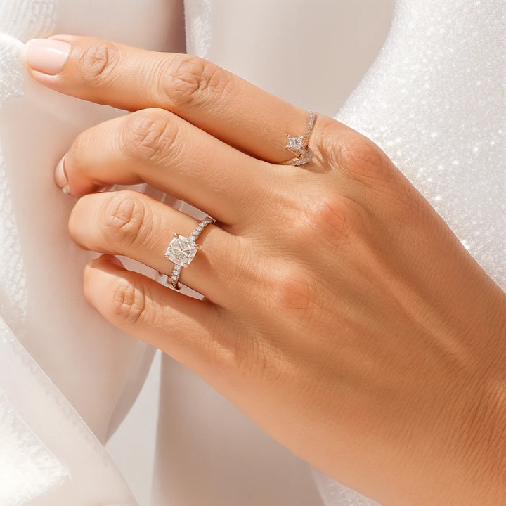 Cushion Cut Solitaire Engagement Ring with Pavé Diamond Band