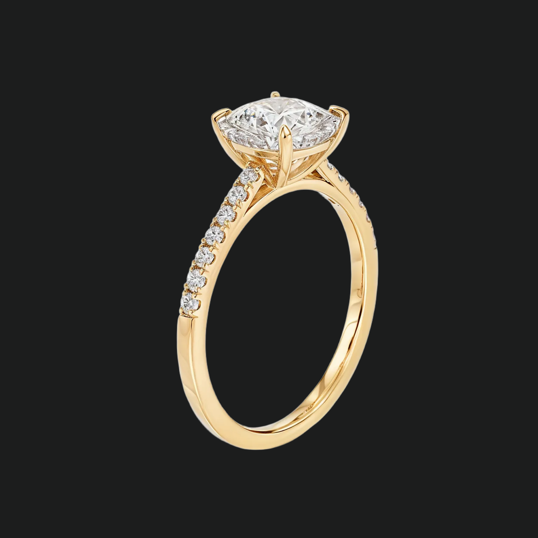 Cushion Cut Solitaire Engagement Ring with Pavé Diamond Band