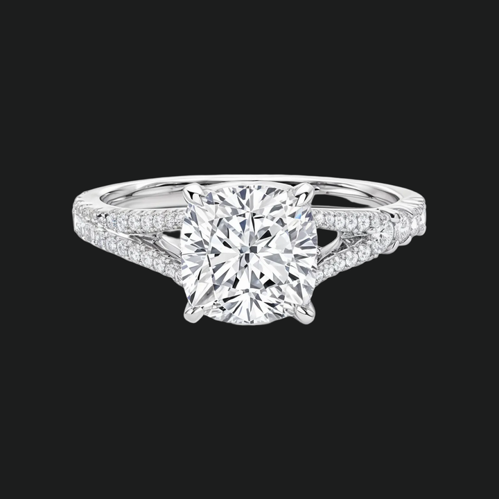 Cushion Cut Split Shank Engagement Ring with Diamond Accents in 9kt White Gold