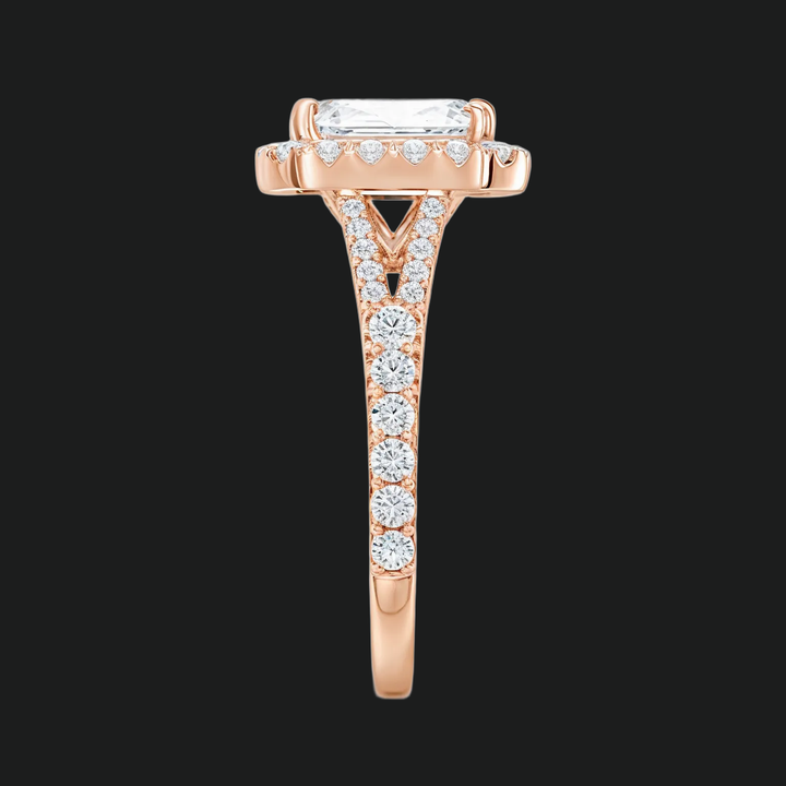 Emerald Cut Split Shank Halo Engagement Ring