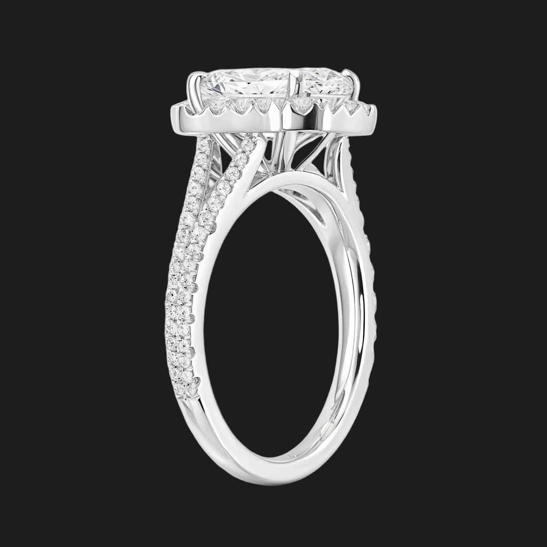 Emerald Cut Split Shank Halo Engagement Ring