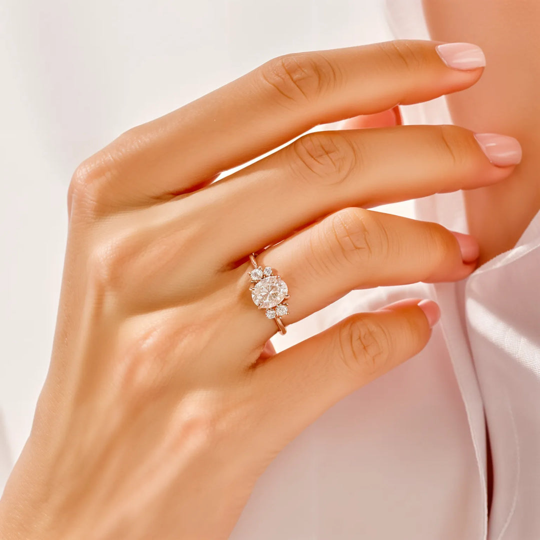 Oval Cut Floral Cluster Engagement Ring with Marquise Diamond Accents