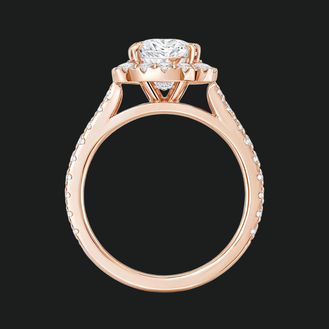 Cushion Cut Split Shank Engagement Ring with Diamond Halo and Pavé Band
