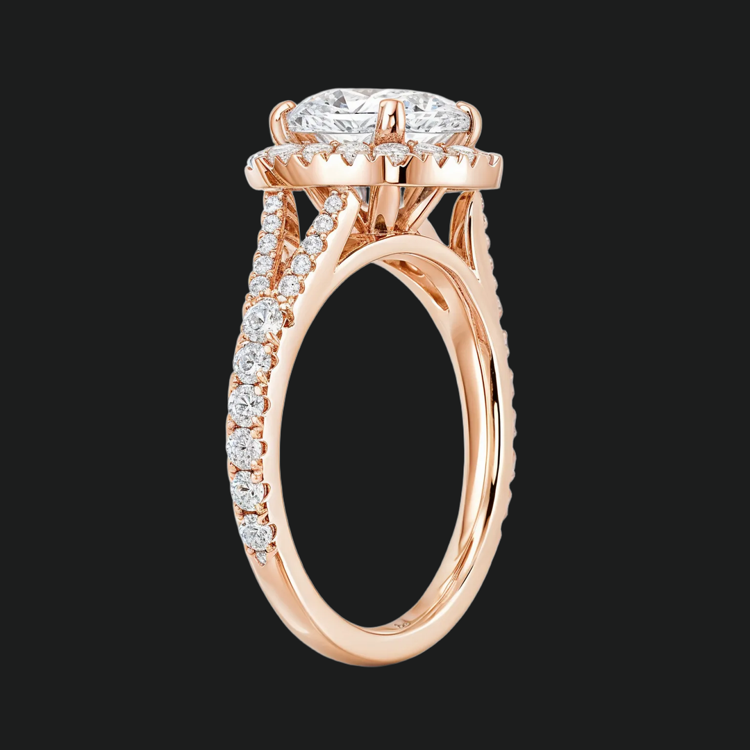 Cushion Cut Split Shank Engagement Ring with Diamond Halo and Pavé Band
