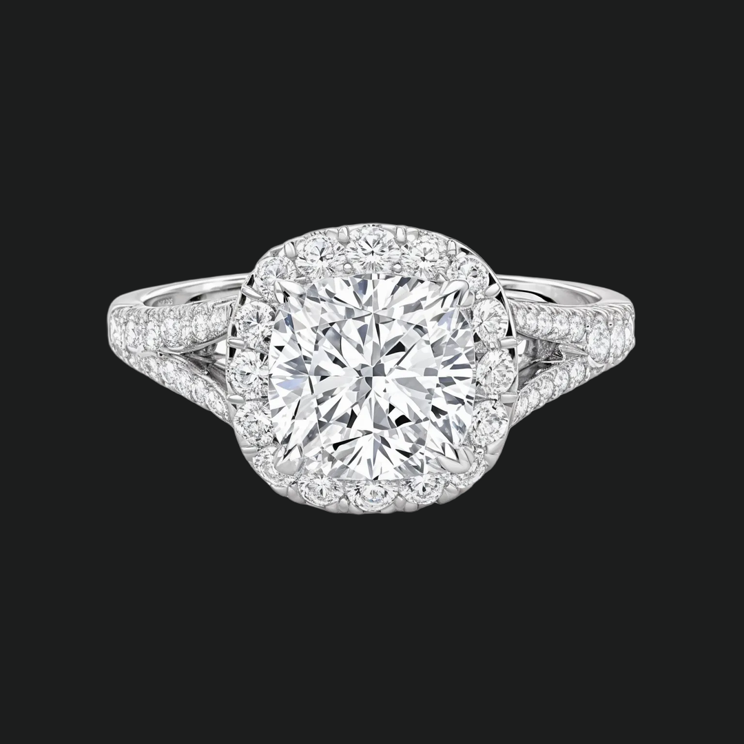 Cushion Cut Split Shank Engagement Ring with Diamond Halo and Pavé Band