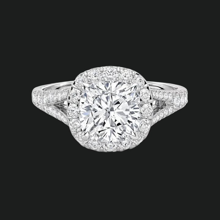 Cushion Cut Split Shank Engagement Ring with Diamond Halo and Pavé Band