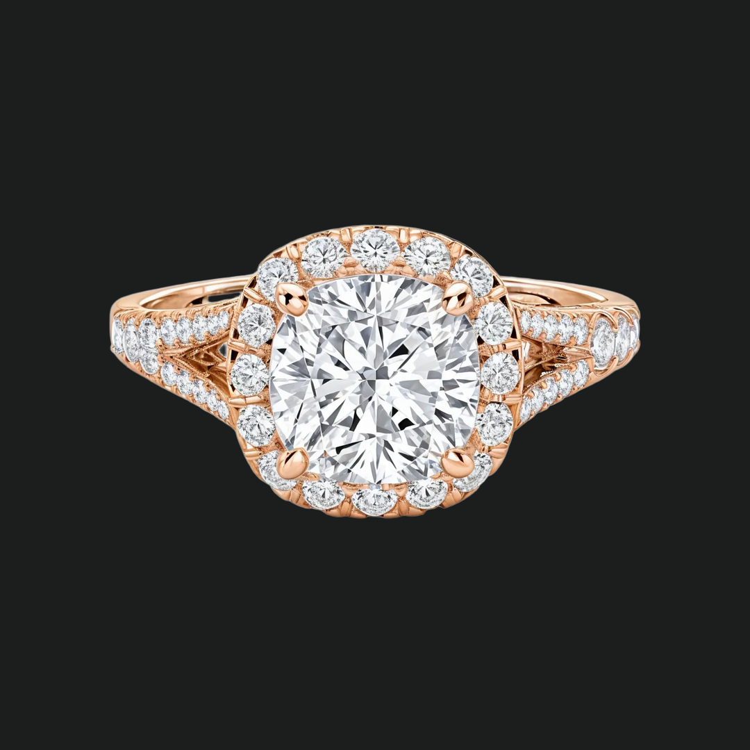 Cushion Cut Split Shank Engagement Ring with Diamond Halo and Pavé Band