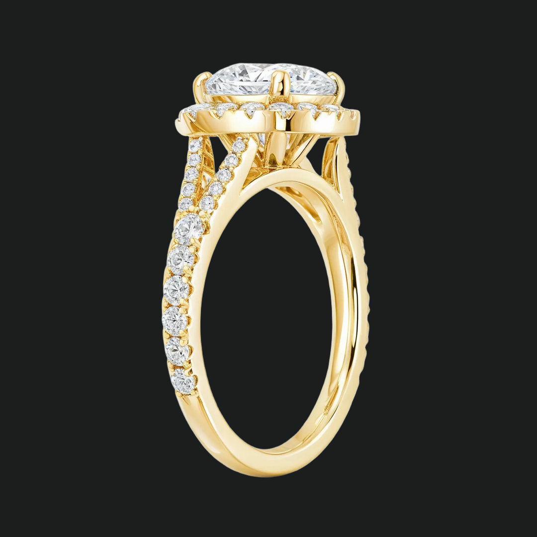Cushion Cut Split Shank Engagement Ring with Diamond Halo and Pavé Band