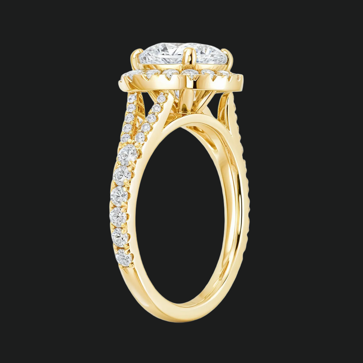 Cushion Cut Split Shank Engagement Ring with Diamond Halo and Pavé Band