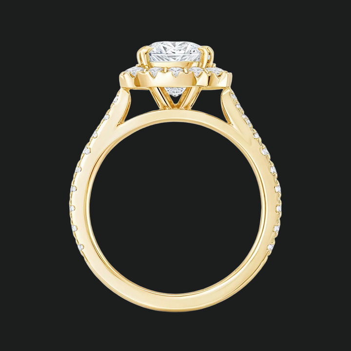 Cushion Cut Split Shank Engagement Ring with Diamond Halo and Pavé Band