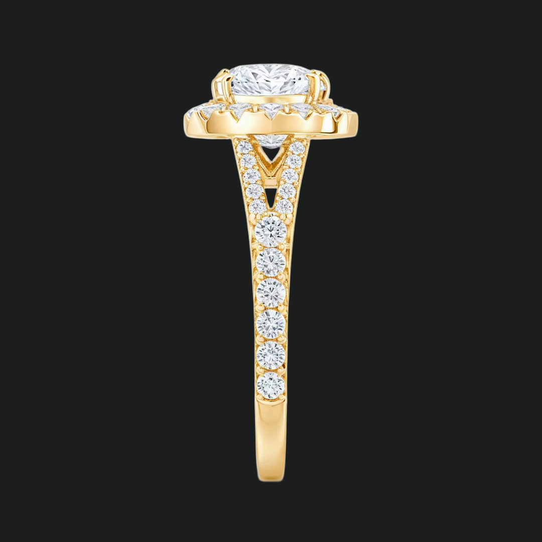 Cushion Cut Split Shank Engagement Ring with Diamond Halo and Pavé Band