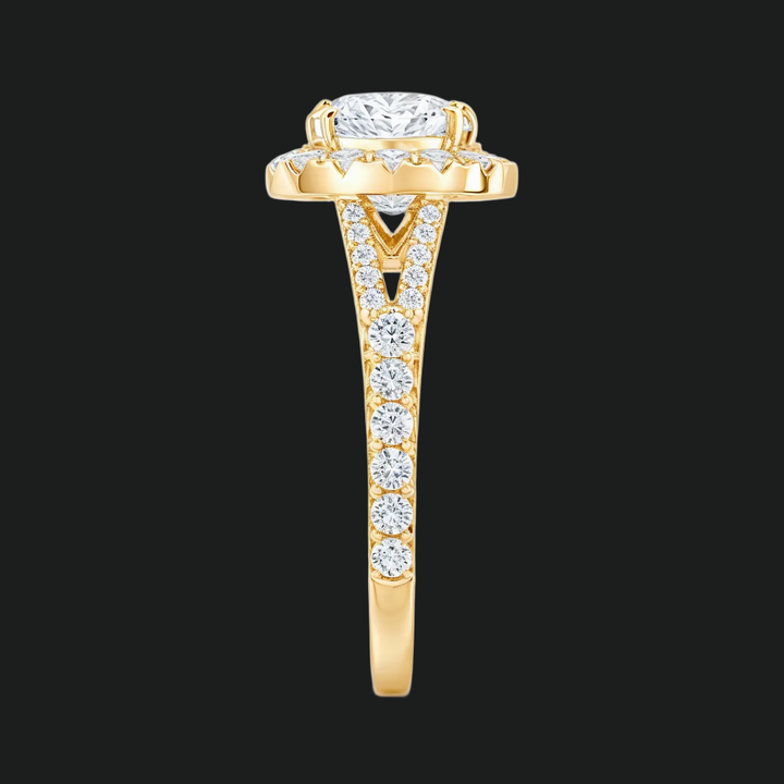 Cushion Cut Split Shank Engagement Ring with Diamond Halo and Pavé Band