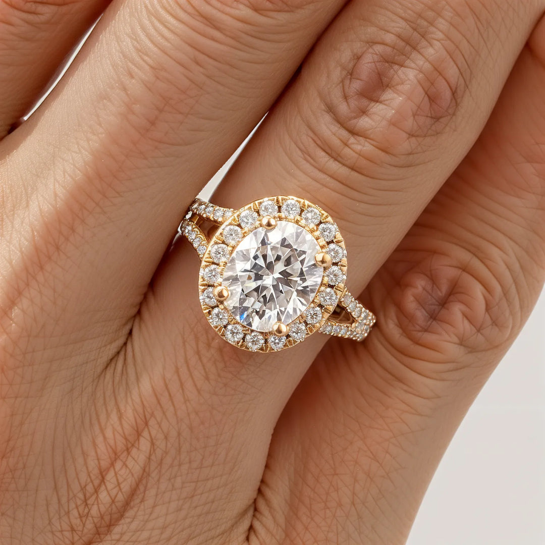 Oval Cut Halo Split Shank Engagement Ring with Diamond Accents in 9kt White Gold