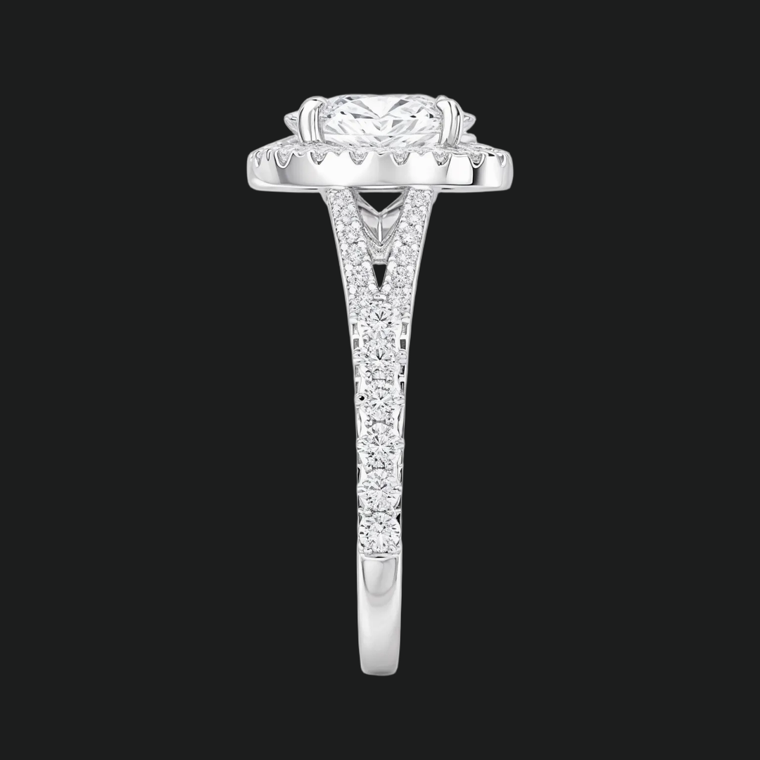 Oval Cut Halo Split Shank Engagement Ring with Diamond Pavé Band