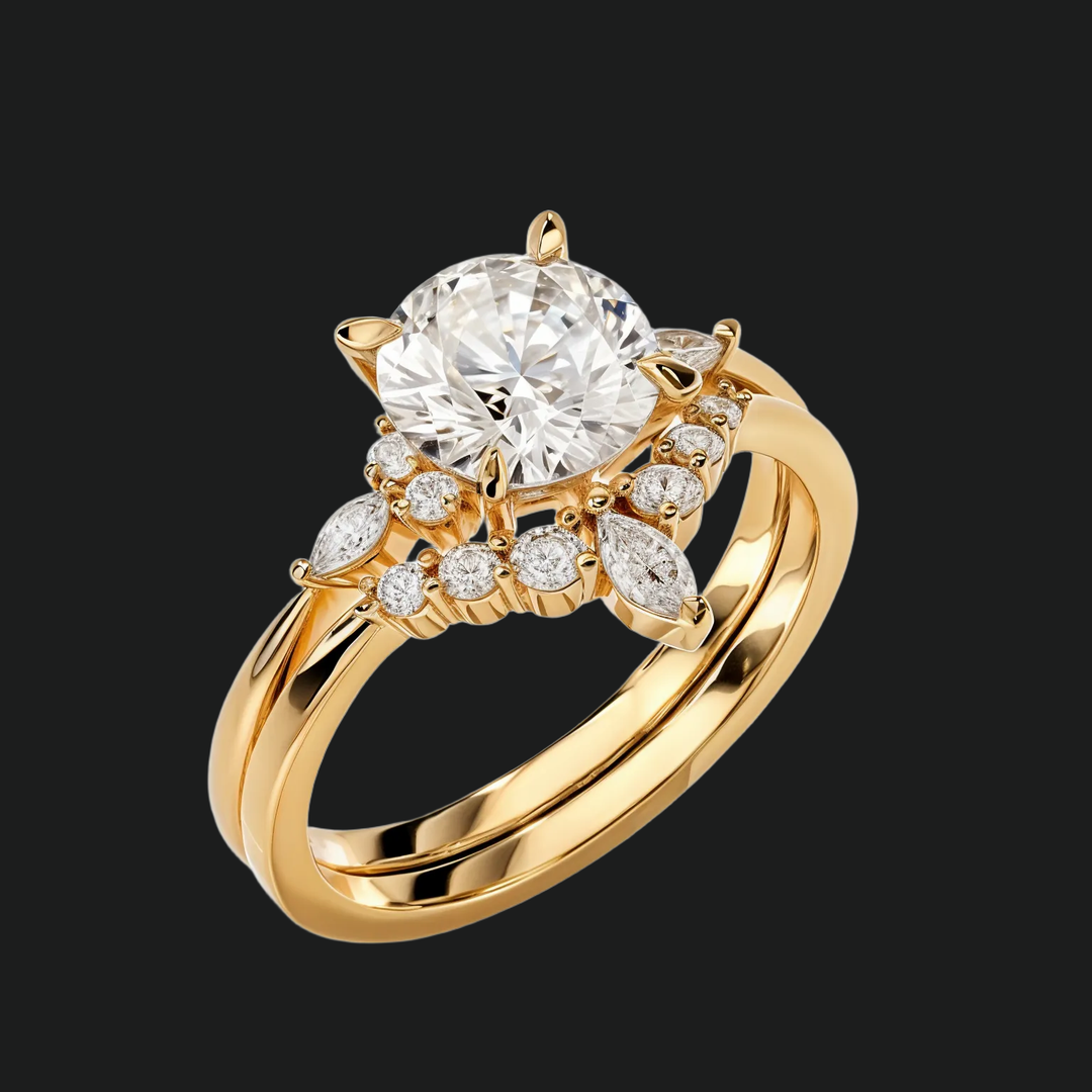 Round Cut Floral Cluster Engagement Ring with Marquise Diamond Accents