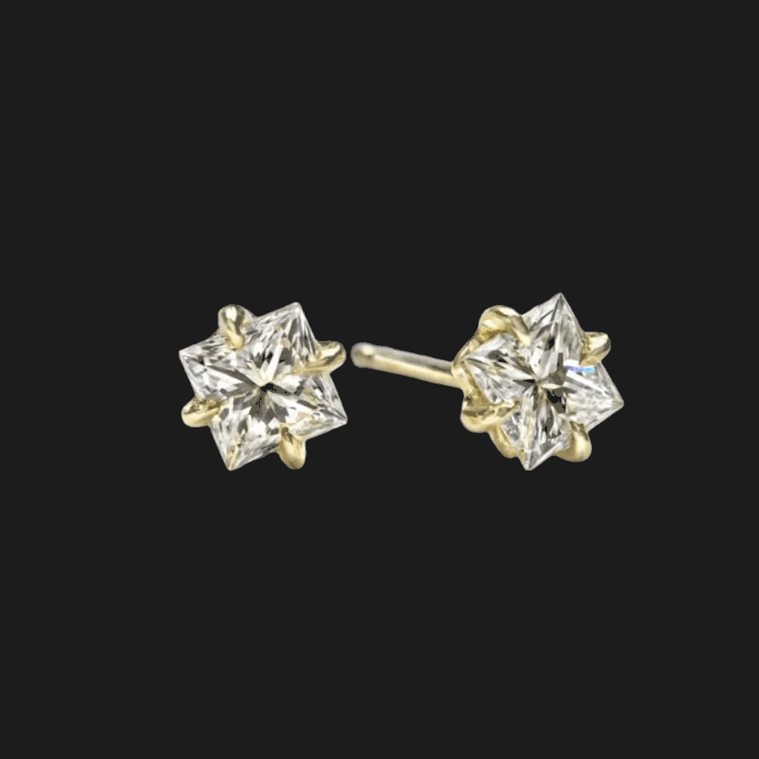 Starburst Princess-Cut Diamond Stud Earrings 14K Yellow Gold Princess