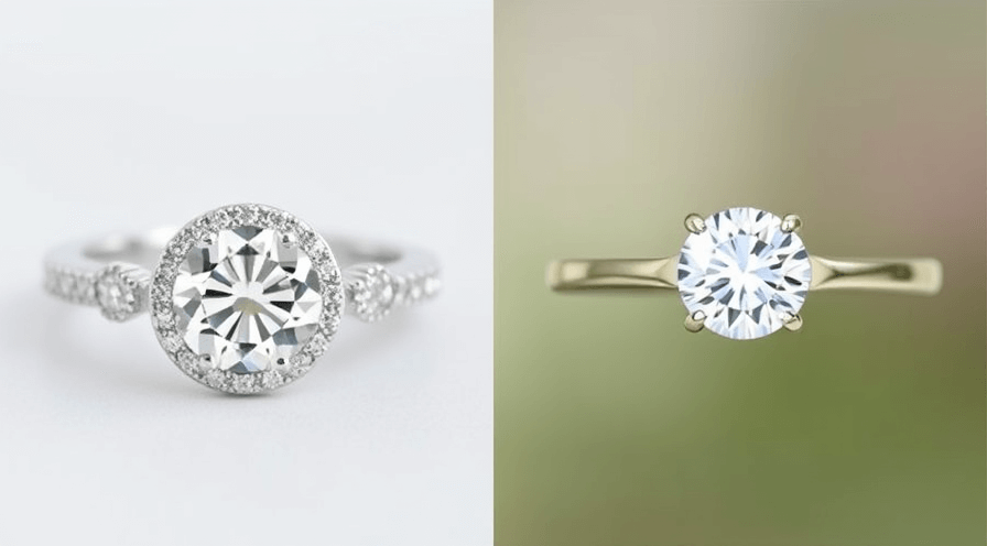 Vergelijking van een verborgen halo -verlovingsring en een klassieke solitaire -ring, met hun unieke ontwerpen.