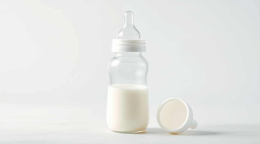 Een heldere babyfles gevuld met melk en een bijpassende dop, symboliseren voeding voor zuigelingen.