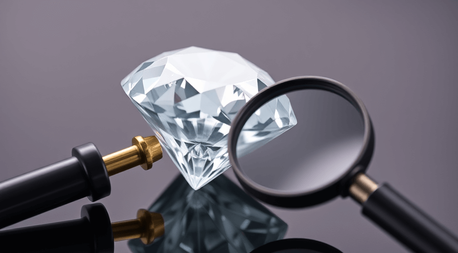 Close-up van een diamant met een vergrootglas, waarbij de kenmerken van de engagementring en de kwaliteit worden benadrukt.
