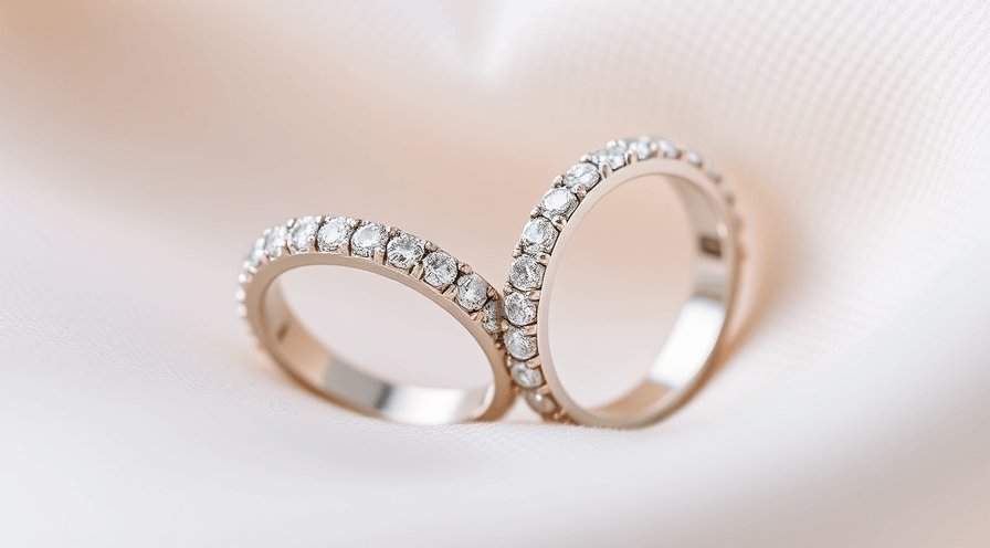 Twee elegante eeuwigheidsbanden met sprankelende diamanten op een zachte stofachtergrond.