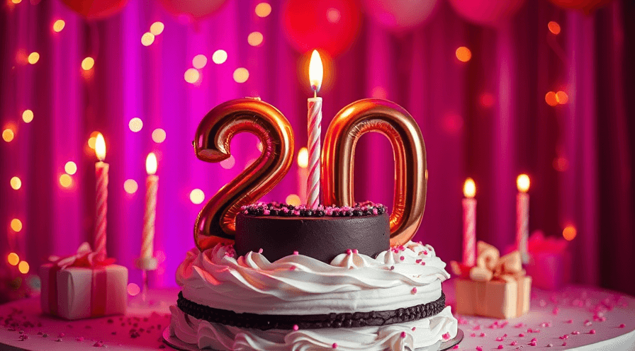 Een prachtig gedecoreerde cake met een '20' ballon, kaarsen en feestelijke decoraties, perfect voor een 20e verjaardag.