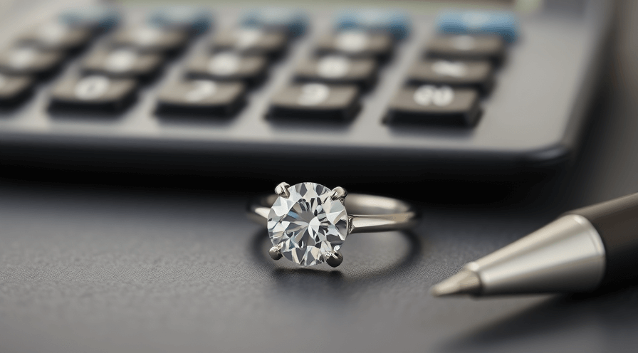 Close-up van een diamanten verlovingsring op een bureau met een rekenmachine en pen, die verzekeringsinvesteringsideeën vertegenwoordigen.