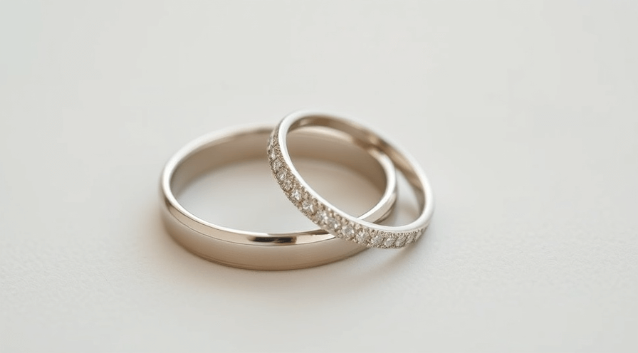 Elegante trouwringen met een klassieke zilveren band en een met diamanten bezaaide ring op een zachte achtergrond.