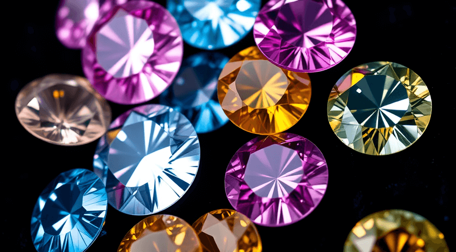 Levendige roze, blauwe, gele diamanten met zeldzaamheid en schoonheid tegen een donkere achtergrond.
