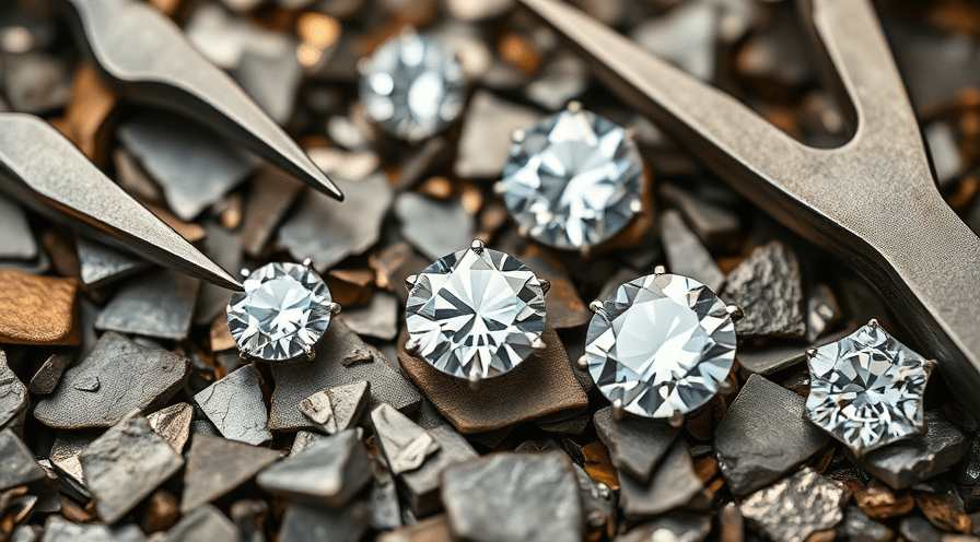 Gerecyclede diamanten weergegeven op een gestructureerde oppervlak met pincet, waarbij duurzame sieraden worden benadrukt.