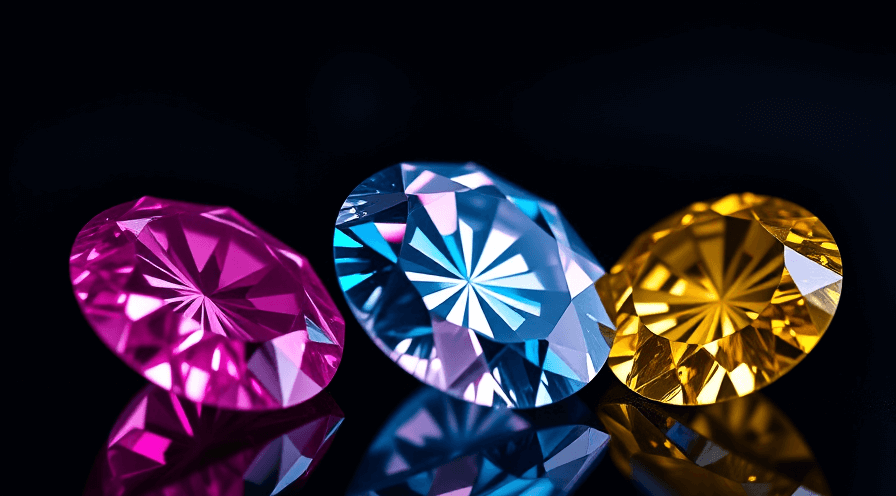 Close-up van roze, blauwe en gele chique kleurdiamanten die hun zeldzaamheid en verbluffende tinten presenteren.