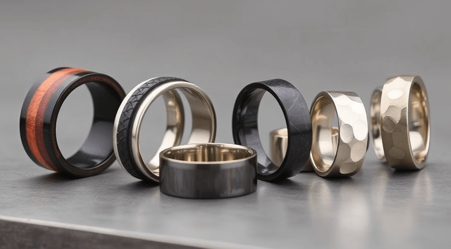 Alternative wedding bands showcasing unique styles and non-traditional materials on a gray surface.