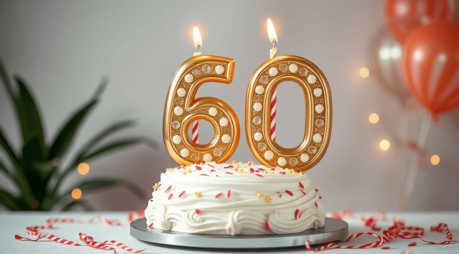 Vierlijke 60e verjaardagstaart met gouden aantal kaarsen en feestelijke decoraties.