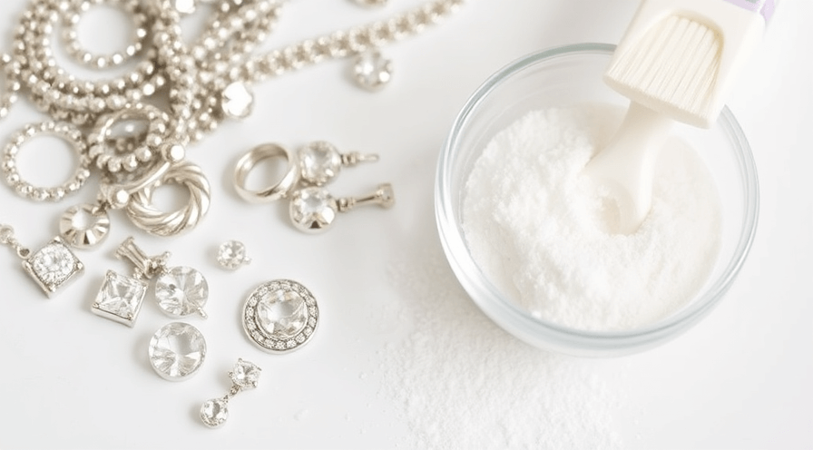 Baking soda and jewelry pieces arranged on a counter, showcasing cleaning supplies for maintaining shine.