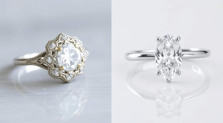 Vergelijking van een vintage diamantring met ingewikkeld ontwerp en een moderne slanke diamantring.